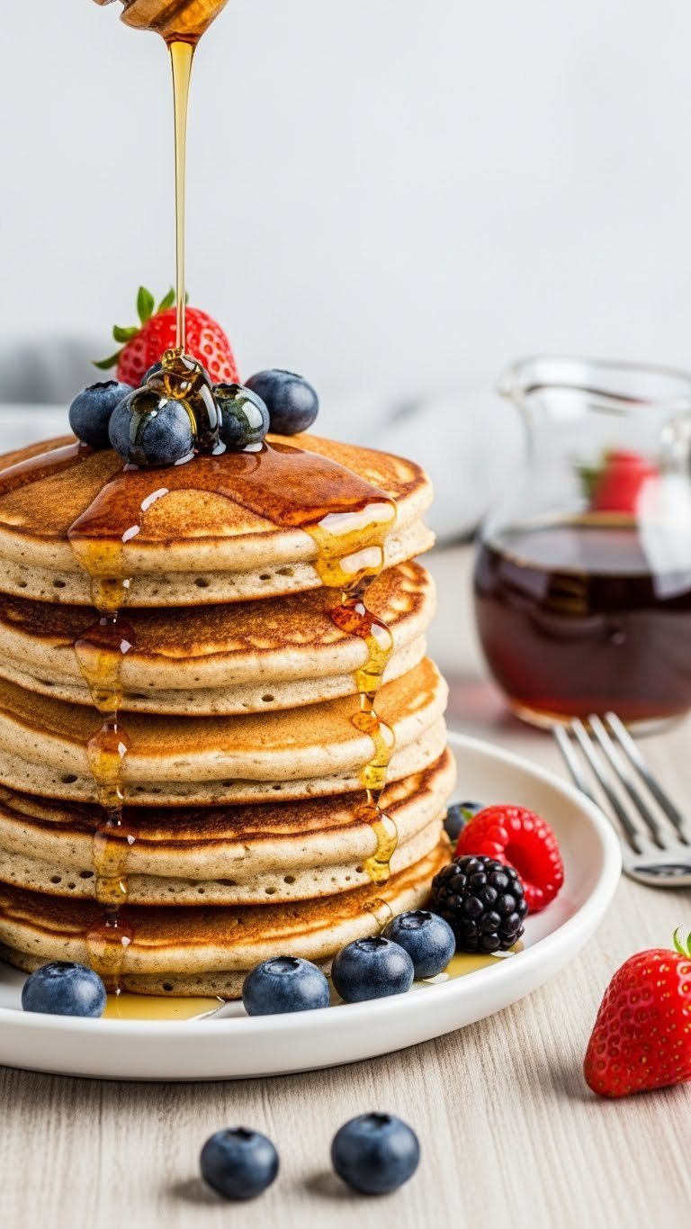 Fluffy Golden-Brown Vegan Pancakes With Maple Syrup And Fresh Blueberries On A White Plate. Delicious Plant-Based Breakfast.