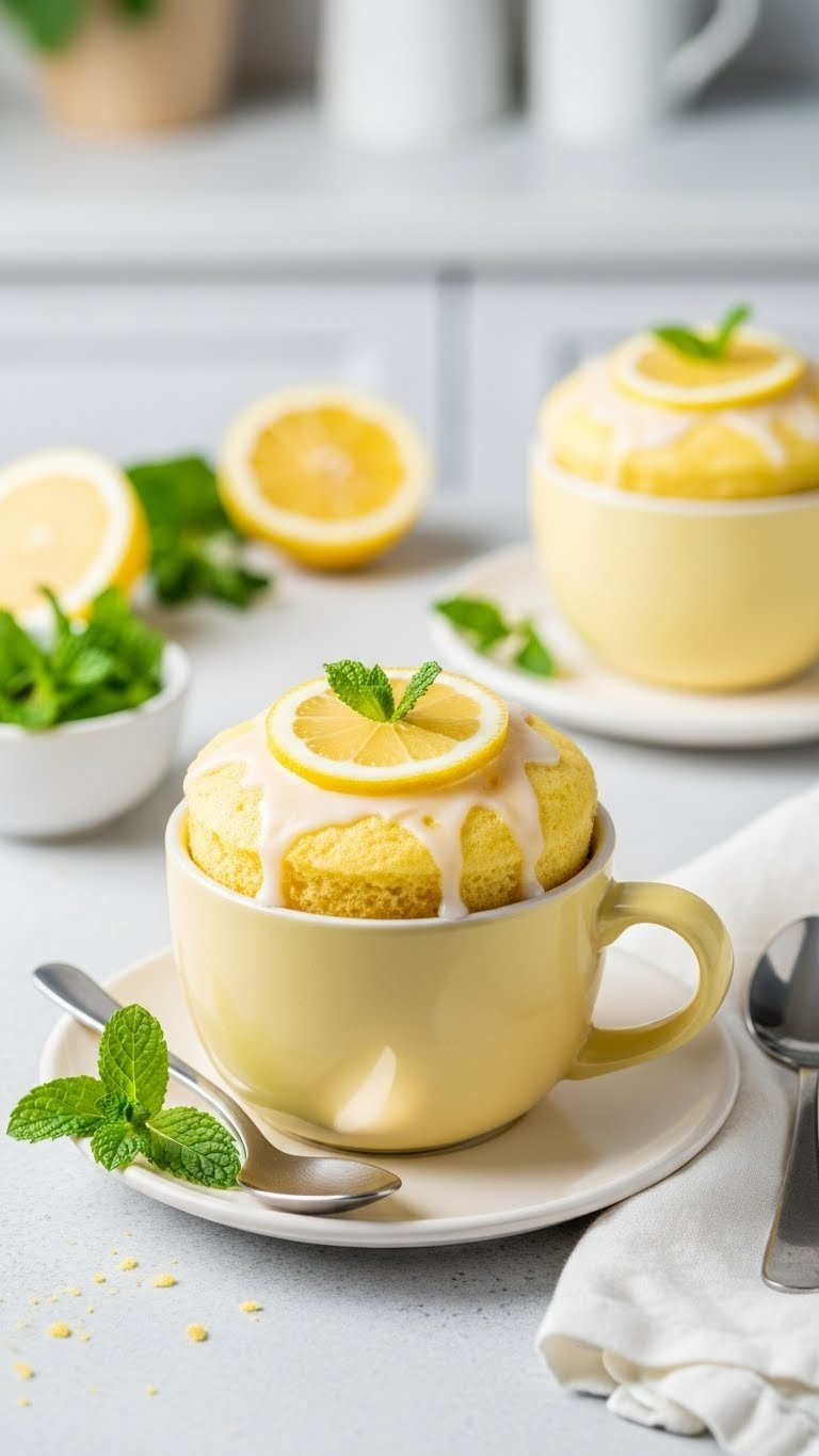 Fluffy Golden-Yellow Lemon Mug Cake In Ceramic Mug Topped With Sugar-Free Glaze And Fresh Lemon Slice With Mint Garnish.