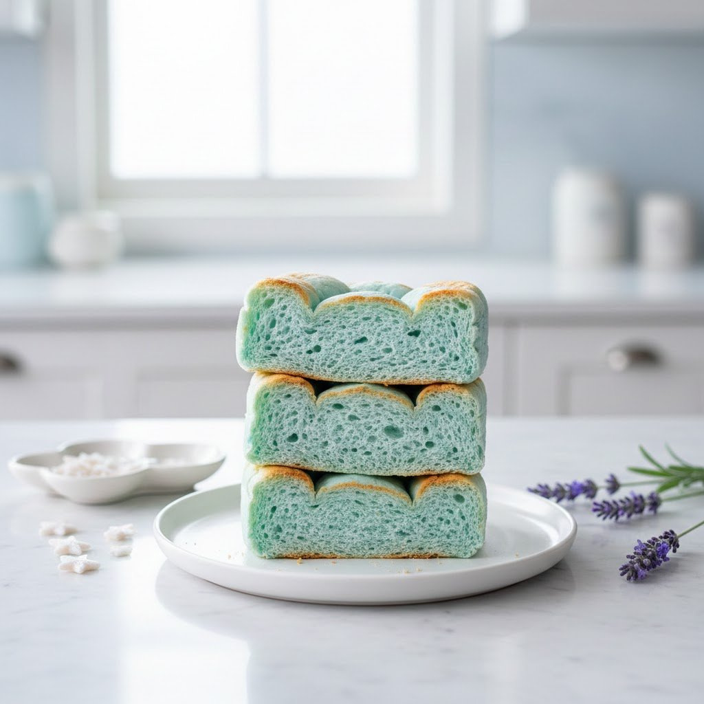 Fluffy Kawaii Cloud Bread Slices In Sky-Blue Color Arranged On Minimalist White Plate With Whimsical Touch