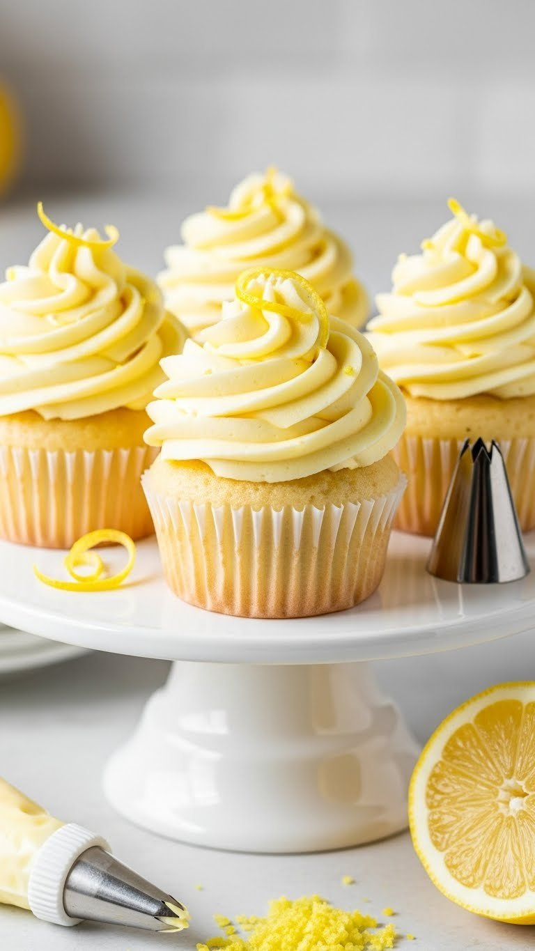 Fluffy Lemon Cupcakes With Tall Swirls Of Pale Yellow Buttercream Frosting, Garnished With Fresh Lemon Zest On A Tiered Stand.