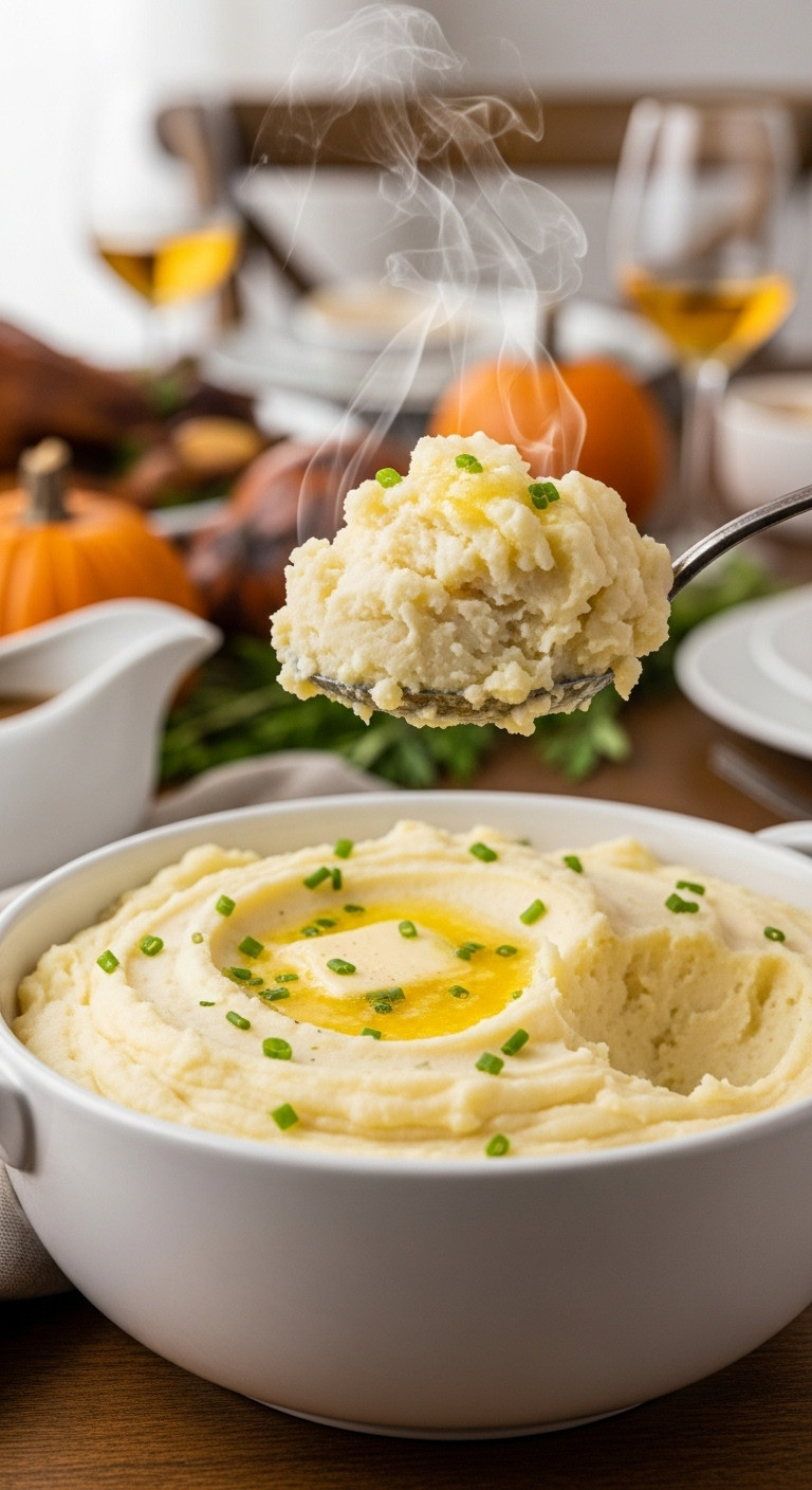 Fluffy Mashed Potatoes In White Bowl, Scooped With Silver Spoon, Butter, Chives. Thanksgiving Dinner Table.