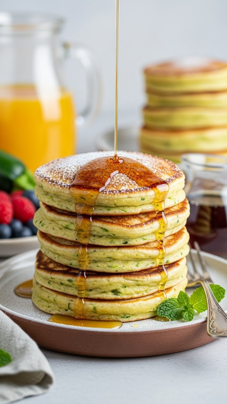 Fluffy Paleo Zucchini Pancakes Stack With Maple Syrup Drizzle On Rustic Ceramic Breakfast Plate