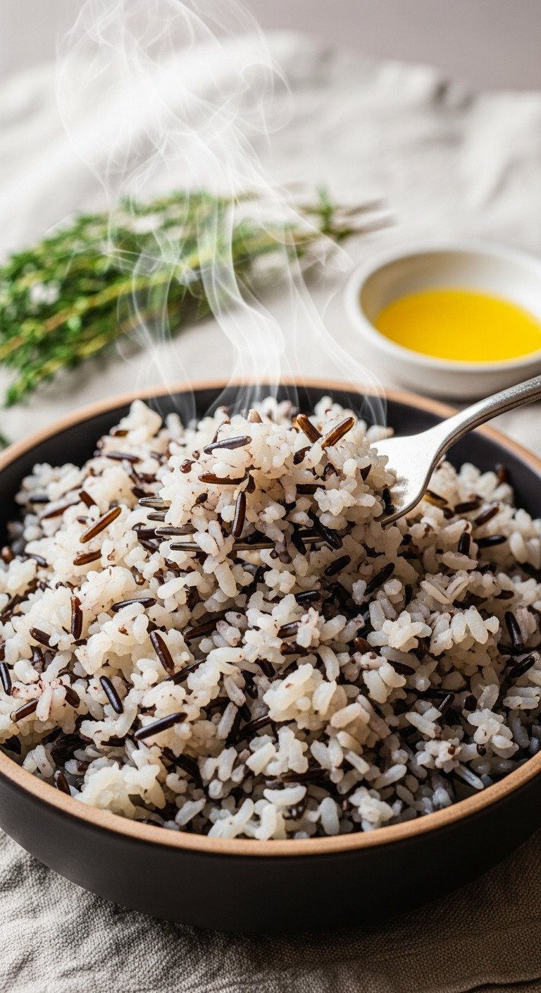 Fluffy, Perfectly Cooked Wild Rice Kernels In A Dark Ceramic Bowl, Fluffed With A Fork, With Thyme And Melted Butter.