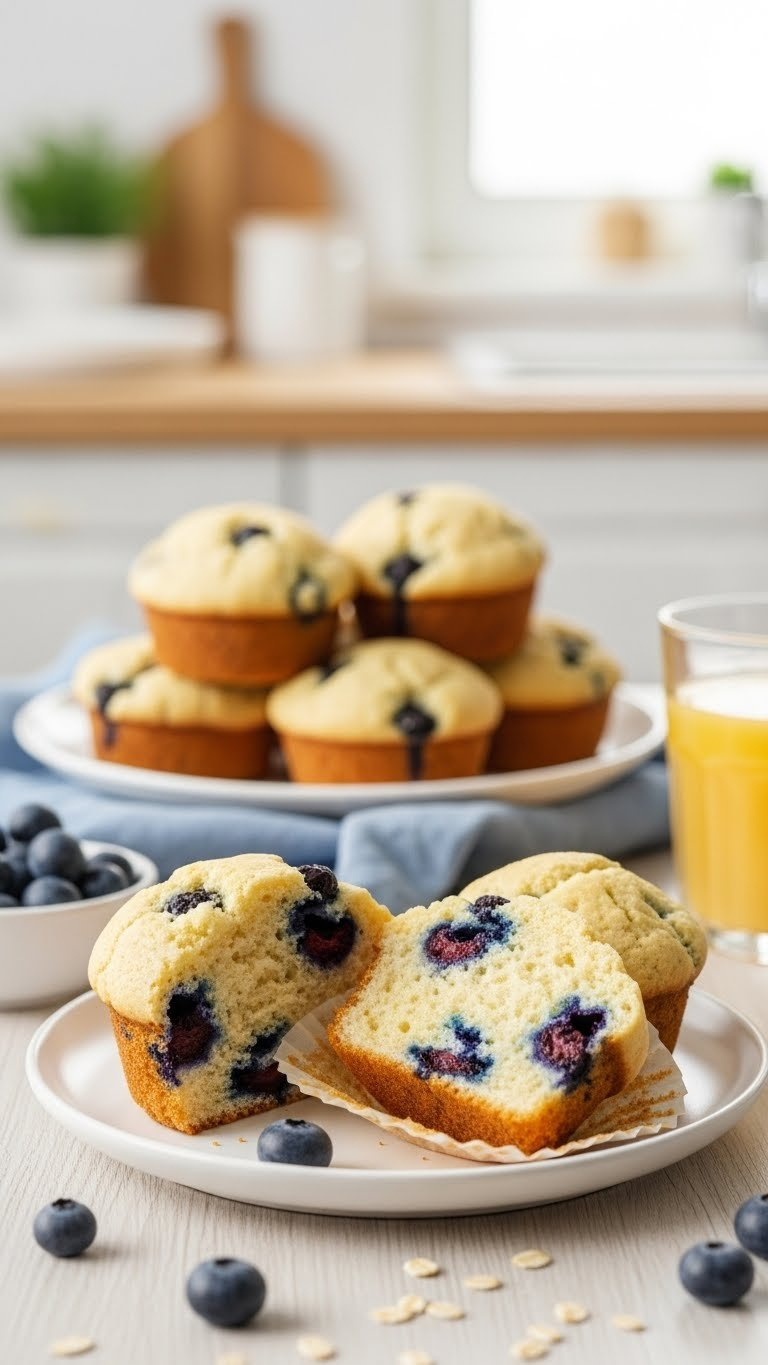 Fluffy Protein-Packed Greek Yogurt Blueberry Muffins With Crackled Tops Cut To Reveal Interior