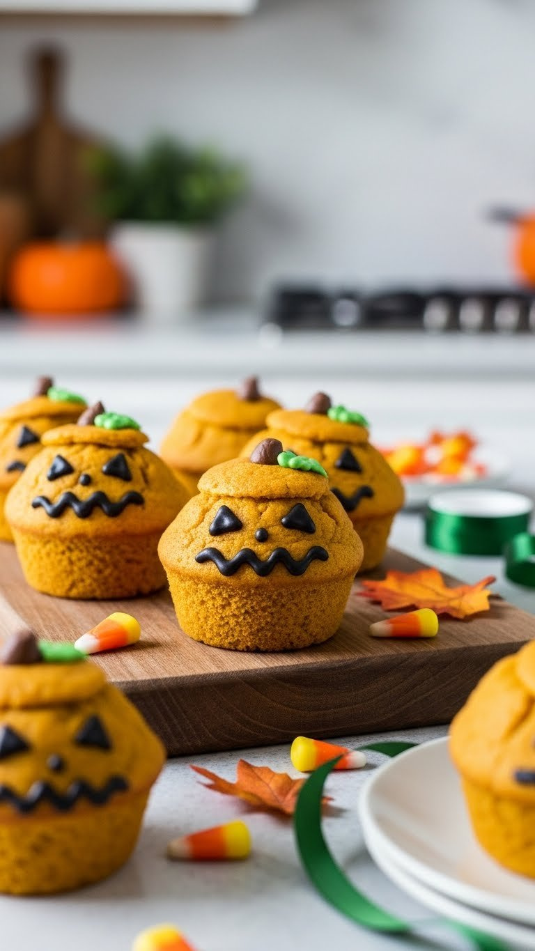 Fluffy Pumpkin Muffins With Carved Jack-O-Lantern Faces On Wooden Serving Board