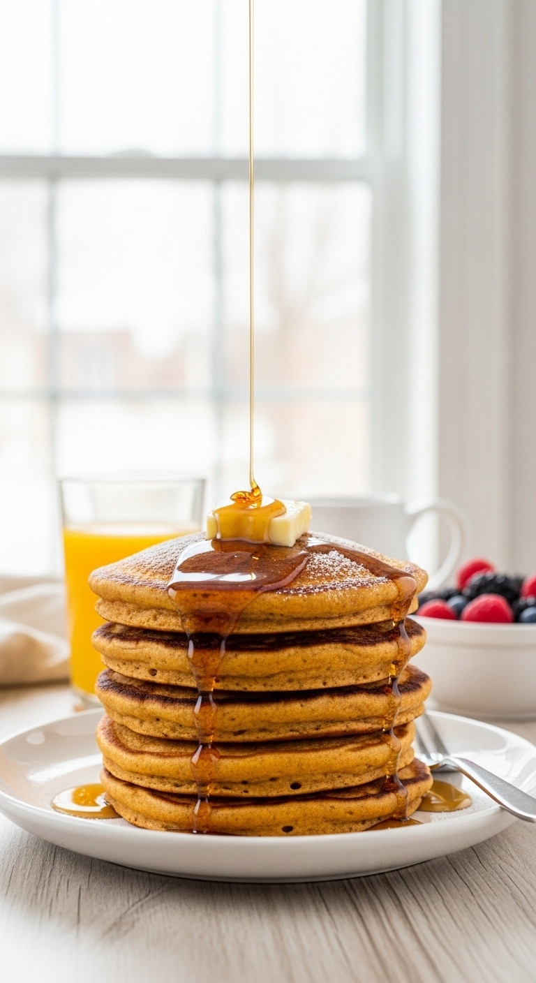 Fluffy Pumpkin Pancakes With Melting Butter And Maple Syrup On A White Plate
