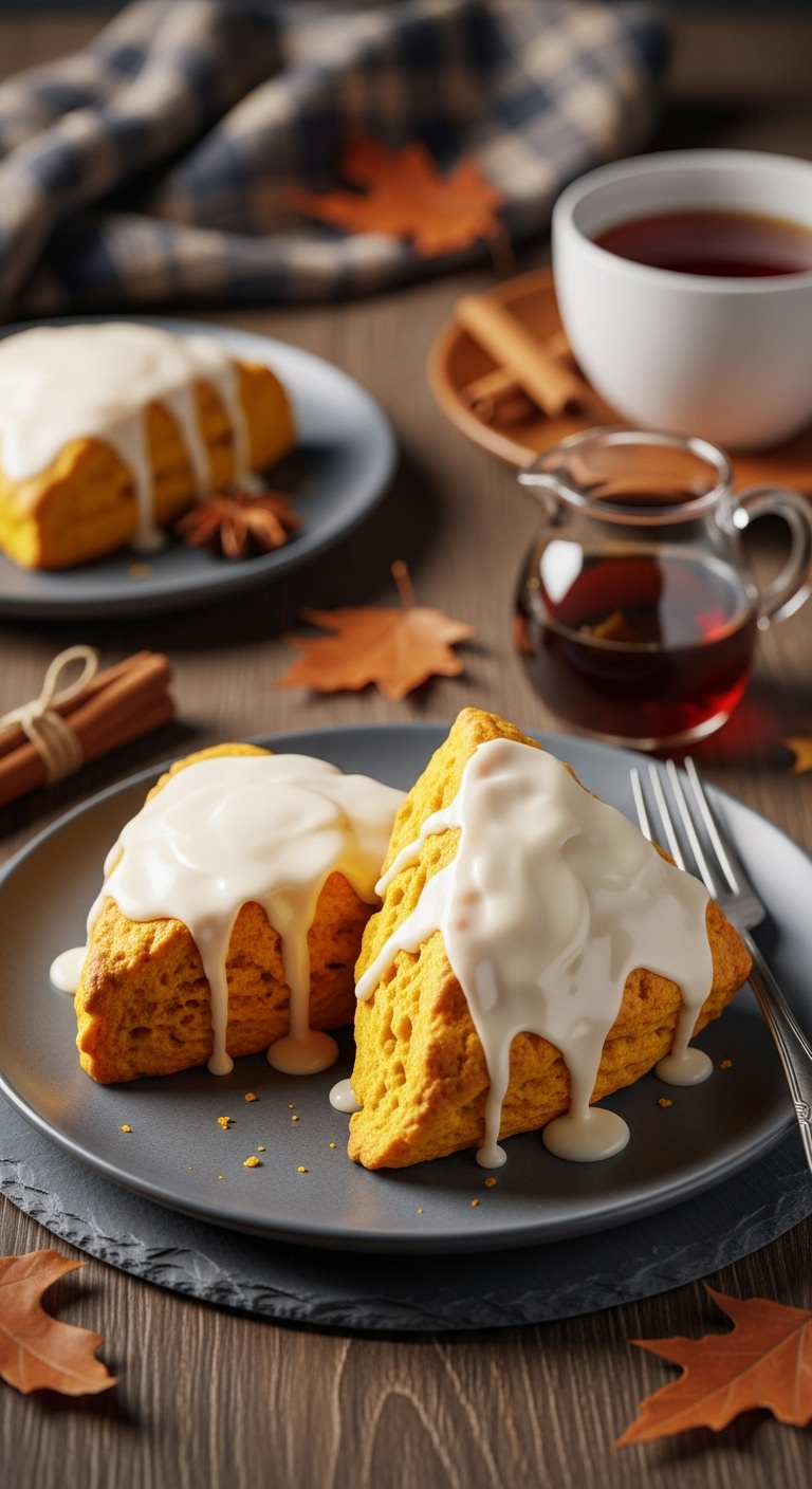 Fluffy Pumpkin Scones With Maple Icing On A Slate Plate With Tea Maple Syrup And Cinnamon Stick Cozy Elegant Breakfast Scene