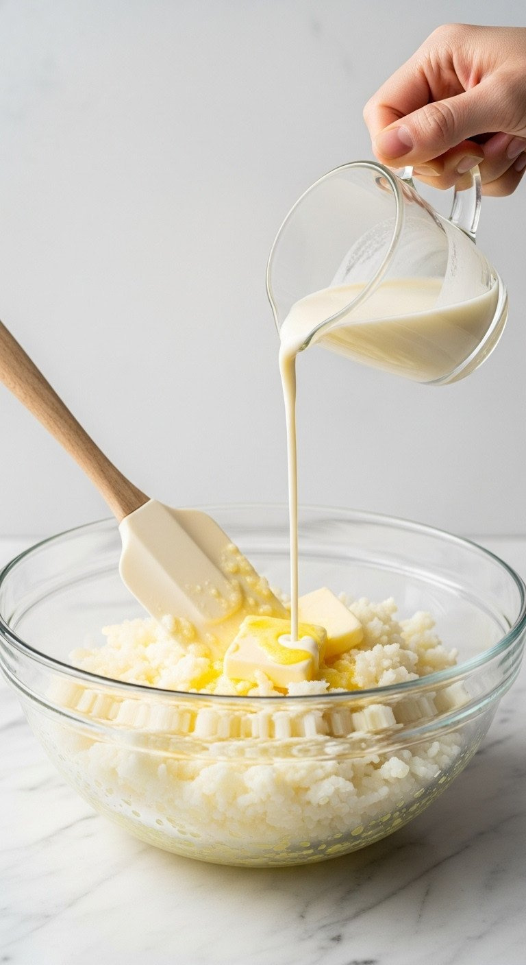 Fluffy Riced Potatoes In A Glass Bowl, A Spatula Folding In Melting Butter And Heavy Cream For Mashed Potatoes.