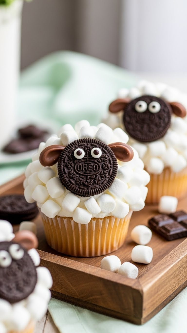 Fluffy Sheep Cupcakes With Mini Marshmallow Wool And Oreo Faces Arranged On Rustic Wooden Tray With Soft Green Backdrop