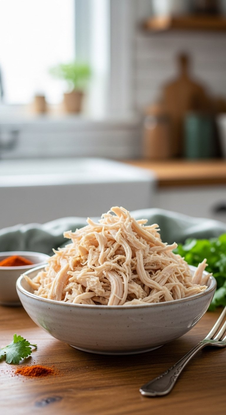Fluffy Shredded Chicken Breast Piled In A Rustic Ceramic Bowl With Fresh Cilantro On A Wooden Table.