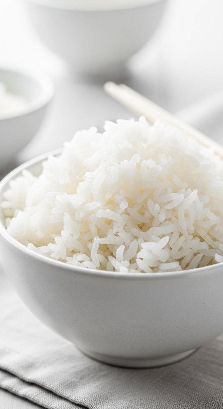 Fluffy Steaming Jasmine Rice In A Ceramic Bowl With Chopsticks Resting On A Linen Tablecloth.