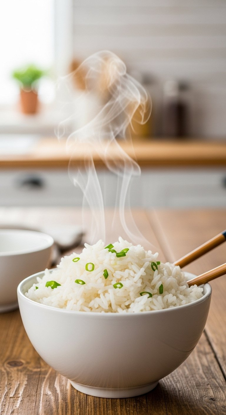 Fluffy Steaming Jasmine Rice Served In A White Ceramic Bowl With Elegant Chopsticks On A Rustic Wooden Table.
