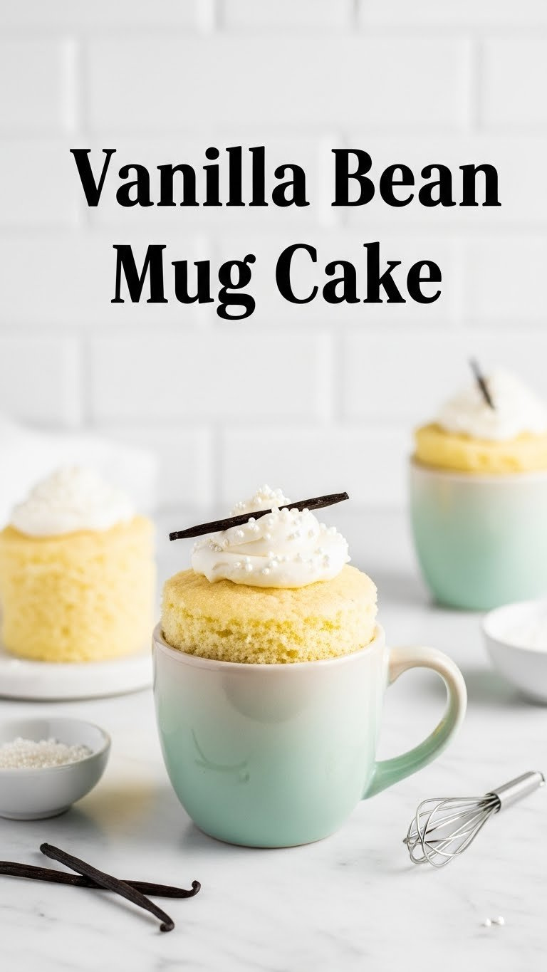 Fluffy Vanilla Bean Mug Cake With Cream Cheese Frosting, Vanilla Speck, Sprinkles On White Marble. Bright, Clean Dessert.