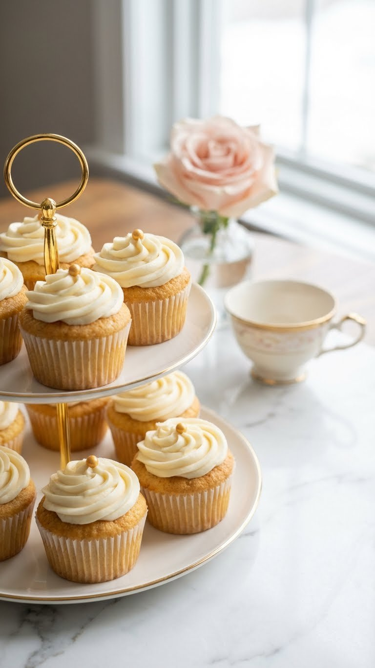 Fluffy Vanilla Cupcakes With Creamy Buttercream Frosting On A Decorative Stand With A Teacup And Flower.