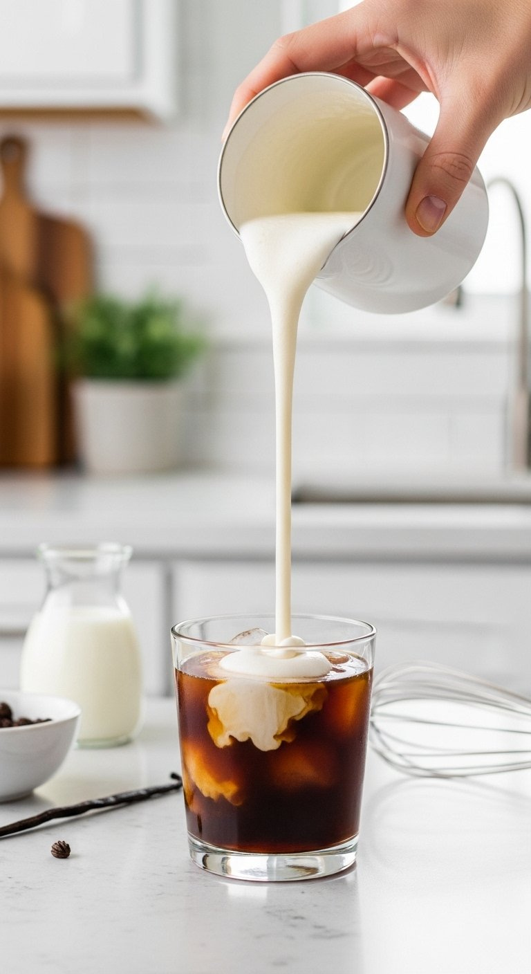 Fluffy Vanilla Sweet Cream Cold Foam Cascading Into A Clear Glass Of Dark Iced Coffee.