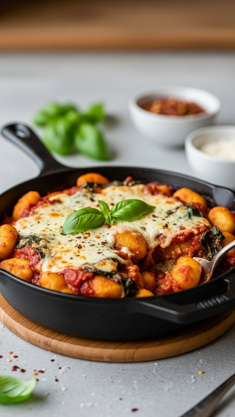 Fluffy Vegan Gnocchi Spinach Bake With Tomato Marinara And Vegan Cheese In Dark Cast-Iron Skillet