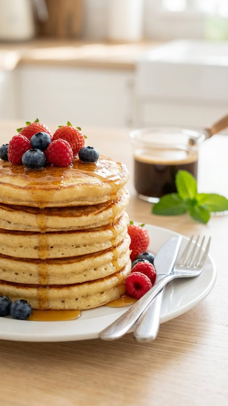 Fluffy Vegan Pancakes With Maple Syrup And Berries, Showcasing Applesauce As Egg Substitute For Lightness.