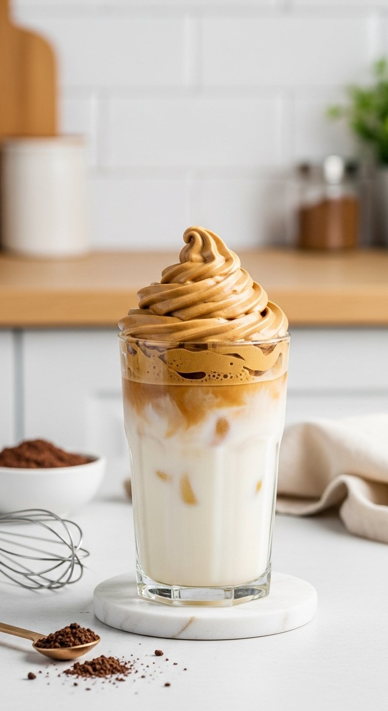 Fluffy Whipped Dalgona Coffee Foam Atop Cold Milk In A Clear Glass On A Minimalist Wooden Table.
