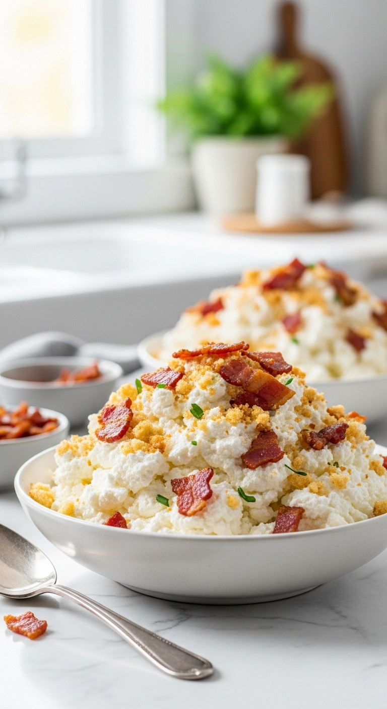 Fluffy Whipped Goat Cheese Dip Topped With Crispy Pancetta And Toasted Panko Breadcrumbs On A Marble Counter