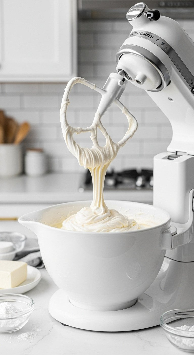 Fluffy White Cream Cheese Frosting With Peaks In A Stand Mixer Bowl, Paddle Dripping, On A White Counter With Ingredients.
