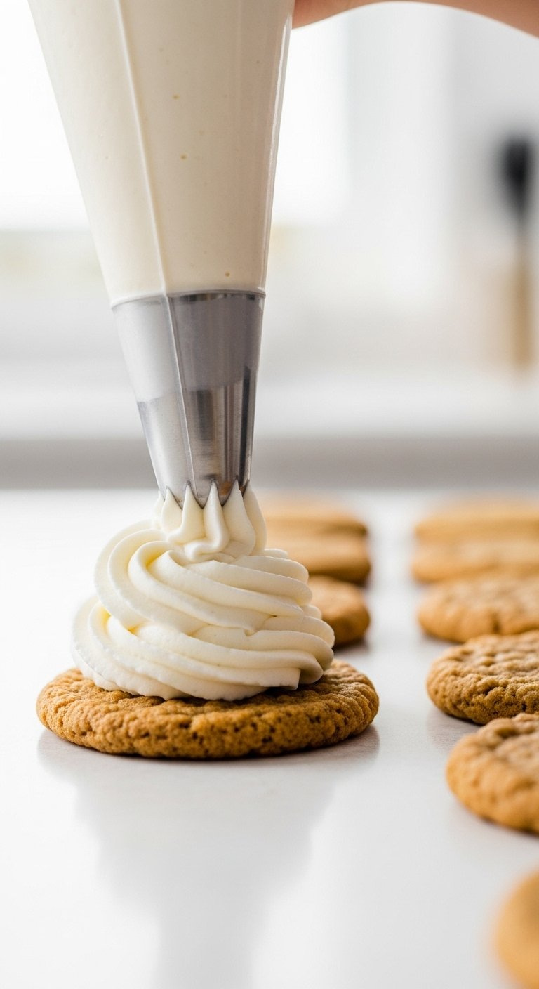 Fluffy White Cream Filling Being Piped Onto A Golden-Brown Oatmeal Cookie On A Counter.