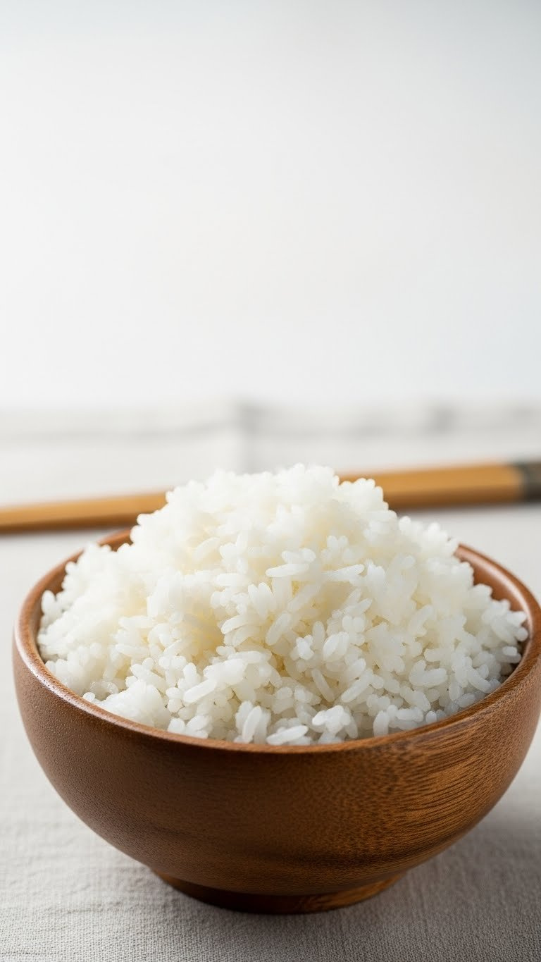 Fluffy White Rice In Wooden Bowl With Chopsticks On Neutral Linen Tablecloth Background