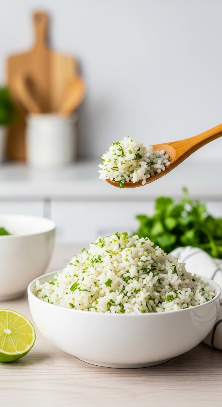 Fluffy White Rice Mixed With Fresh Cilantro And Lime Zest Presented In A Simple White Ceramic Bowl.