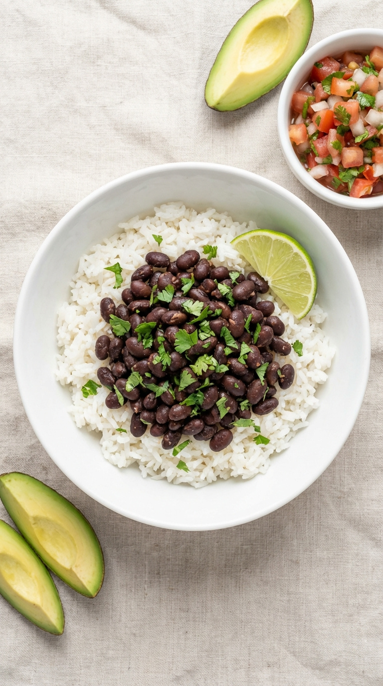 Fluffy White Rice Topped With Seasoned Black Beans Garnished With Cilantro And Lime Wedge