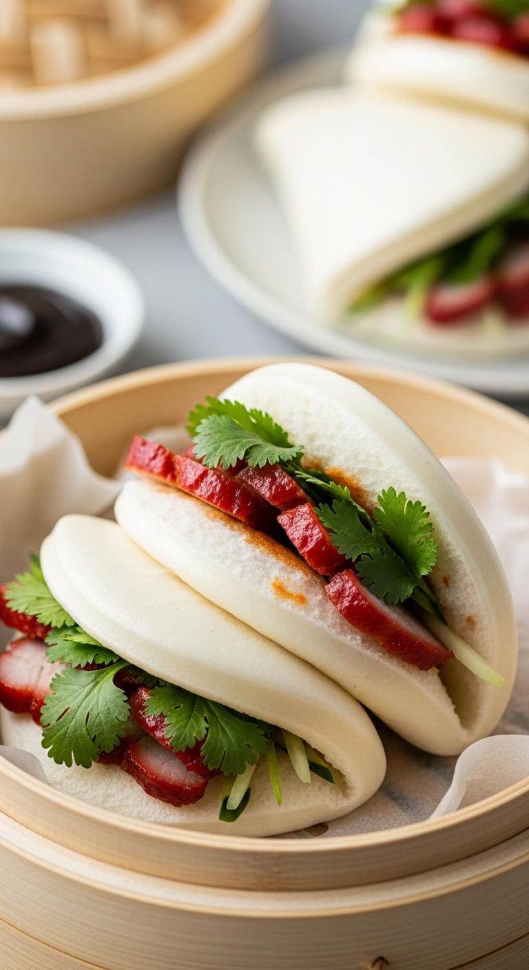 Fluffy White Steamed Bao Bun Filled With Char Siu Pork And Cilantro In A Bamboo Steamer Basket.