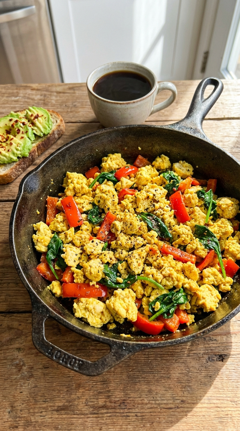 Fluffy Yellow Tofu Scramble With Red Bell Pepper And Spinach In Cast Iron Skillet Breakfast