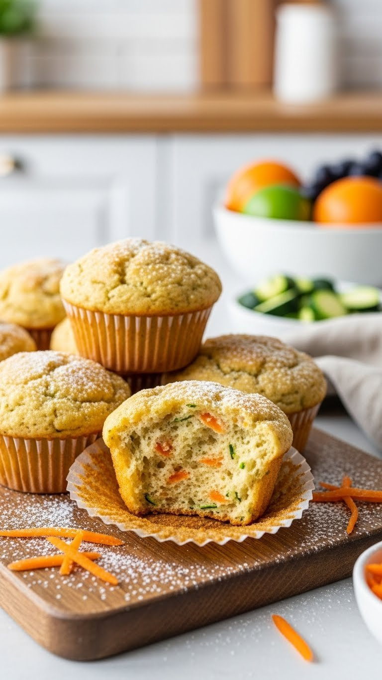Fluffy Zucchini Carrot Muffins With Powdered Sugar On Rustic Wooden Board In Bright Daylight