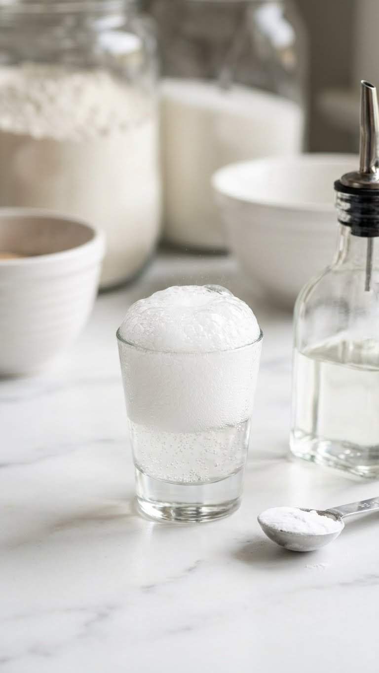 Foamy, Bubbling White Vinegar And Baking Soda Reaction In A Shot Glass On A White Counter With Baking Supplies.