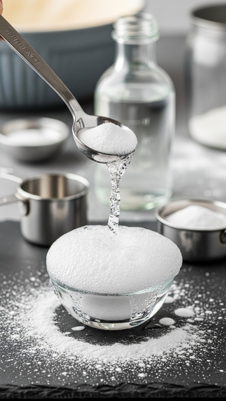 Foamy, Rapidly Bubbling White Vinegar And Baking Soda In A Measuring Spoon, Showcasing The Leavening Acid-Base Reaction.