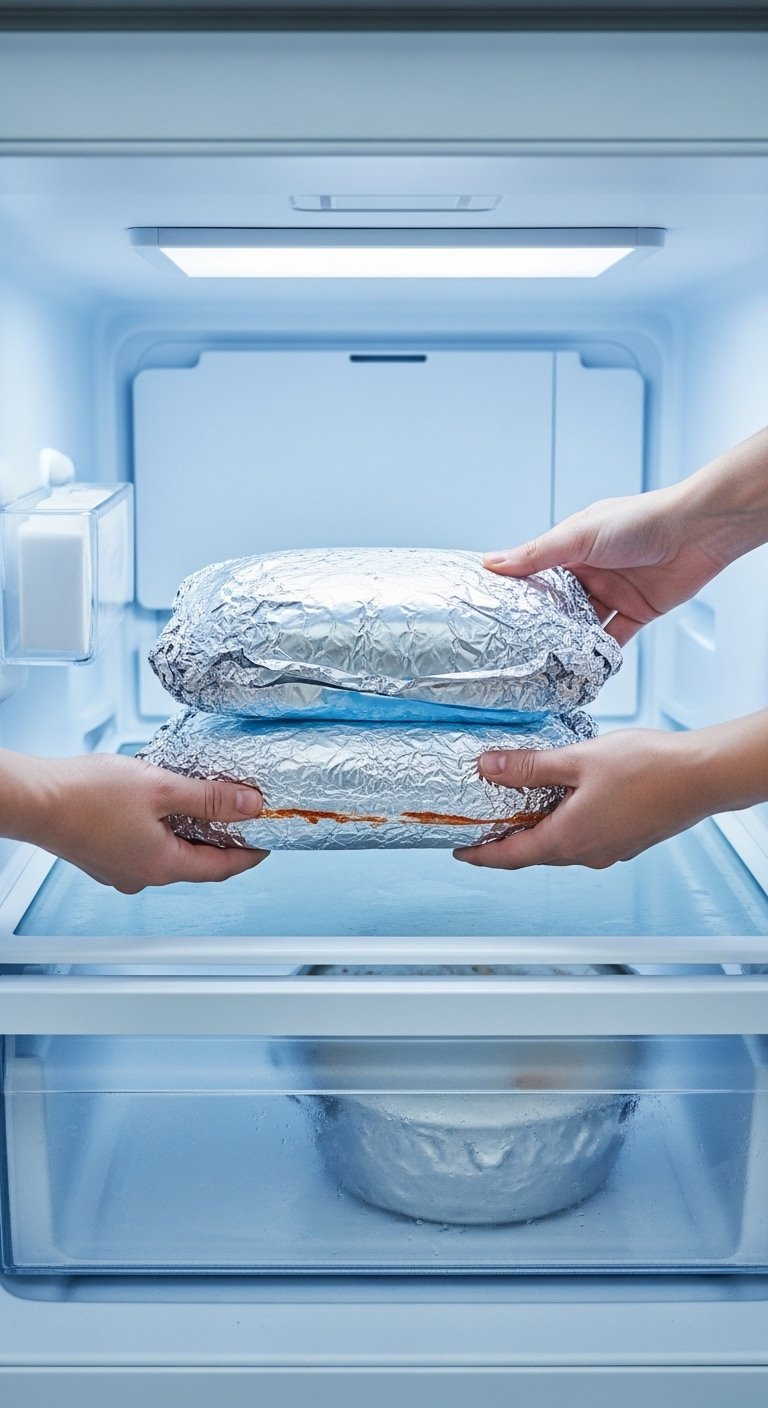 Foil Wrapped Frozen Chicken Enchilada Casserole Being Placed Into An Organized Freezer Drawer For Meal Prep Storage.