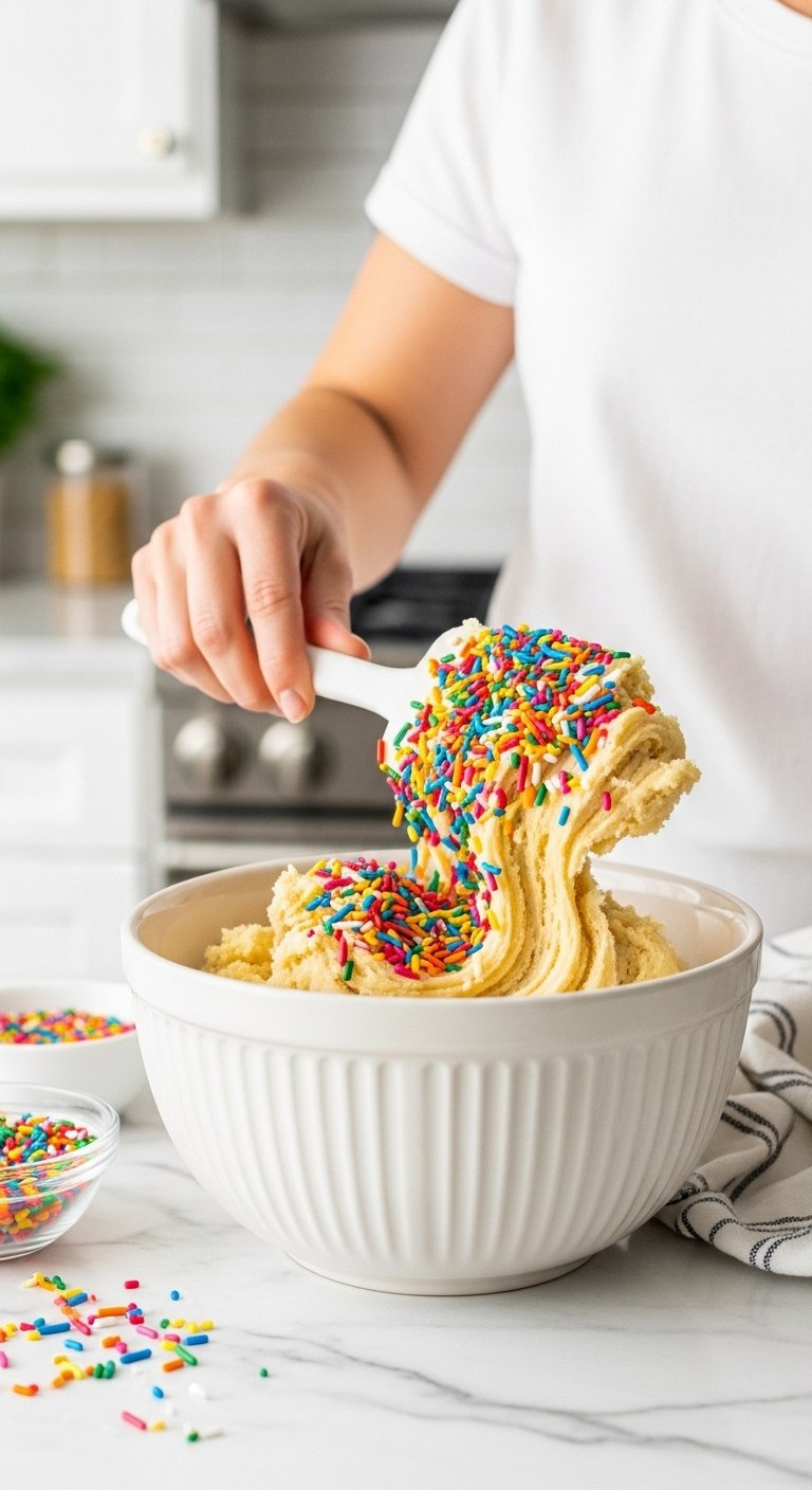 Folding Vibrant Rainbow Sprinkles Into Vanilla Cookie Dough With A Rubber Spatula.