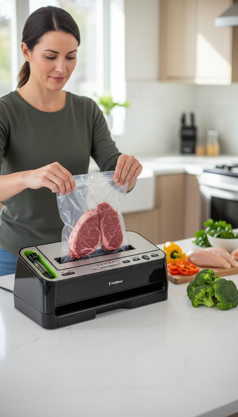 A Kitchen Counter With The Foodsaver V4400, A Roll Of Bags, And Various Foods Like Steaks And Vegetables Ready For Sealing.