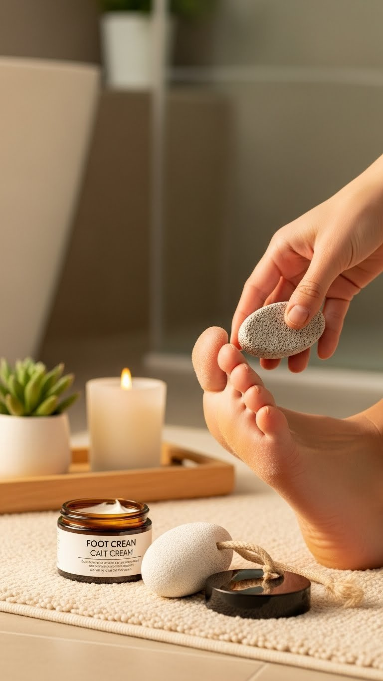 Foot Care For Calluses With Softened Heels After Exfoliation, Pumice Stone And Foot Cream On Fluffy Bath Rug