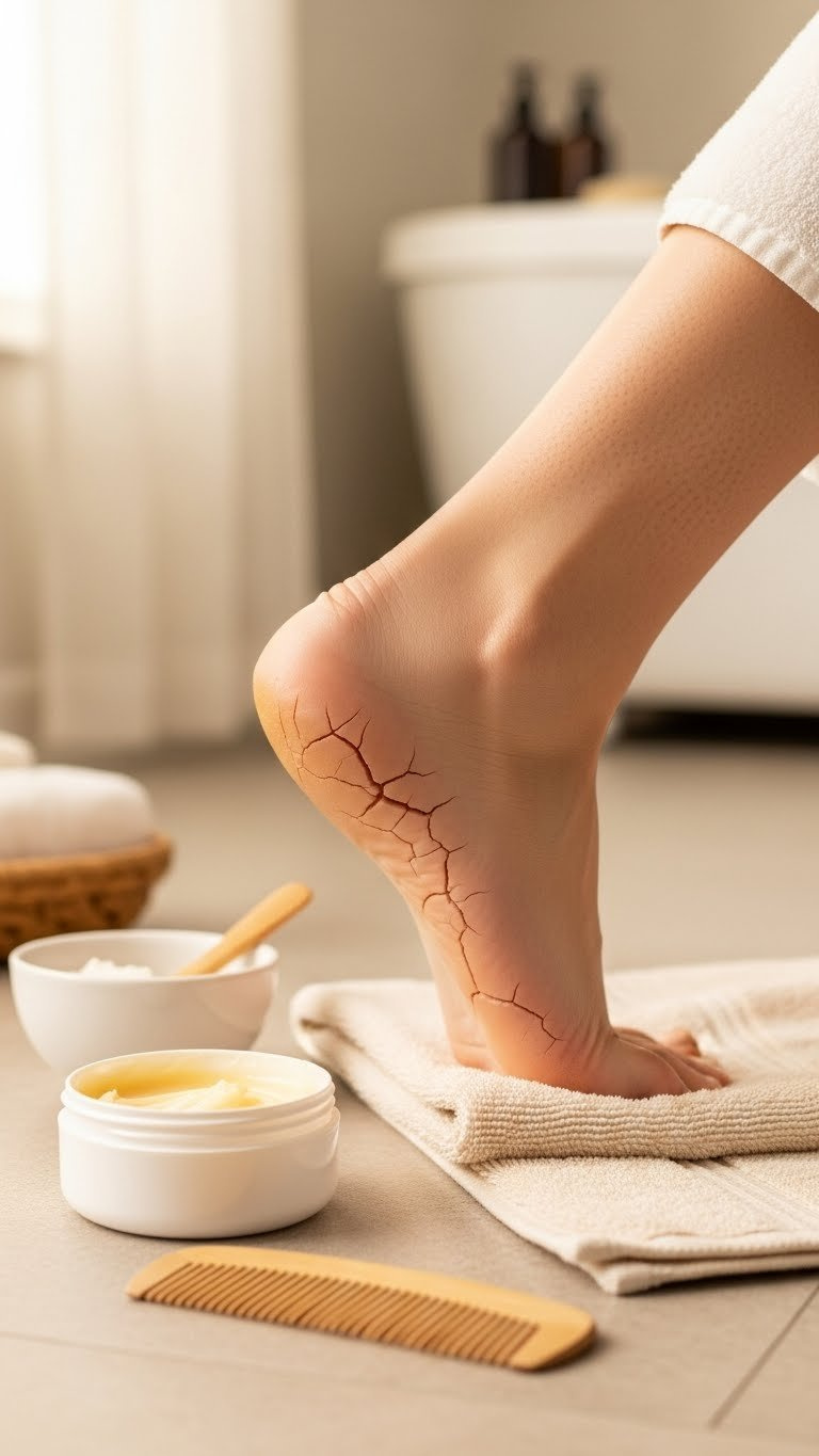 Foot Care For Cracked Heels With Hydrated Foot On Soft Towel And Rich Moisturizer In Warm Bathroom Setting