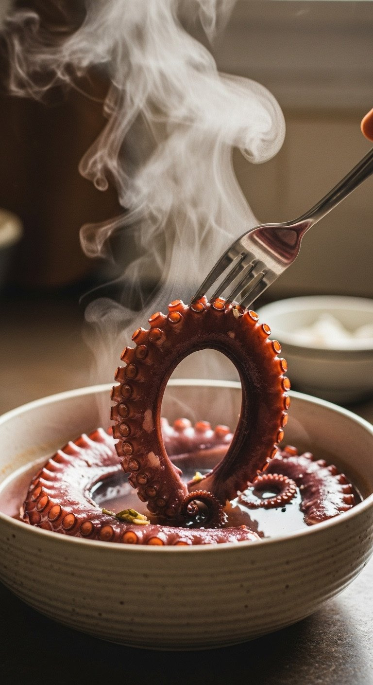 Fork Gently Piercing Tender, Perfectly Cooked Purple Octopus In A Ceramic Bowl, Showcasing Ideal Texture And Readiness.