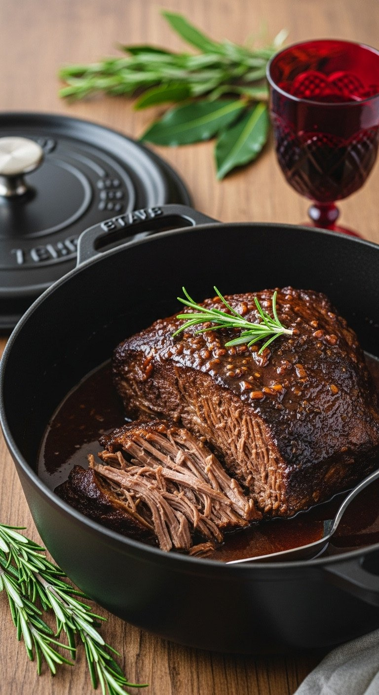 Fork-Tender Braised Beef Shoulder With Rich, Glossy Caramelized Sauce, Rosemary, And Bay Leaves In A Dutch Oven.