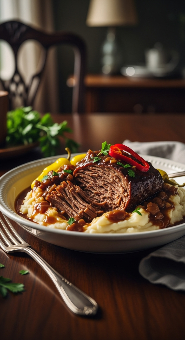 Fork Tender Slow Cooker Mississippi Pot Roast In Dark Gravy Over Mashed Potatoes With Pepperoncini In A White Bowl