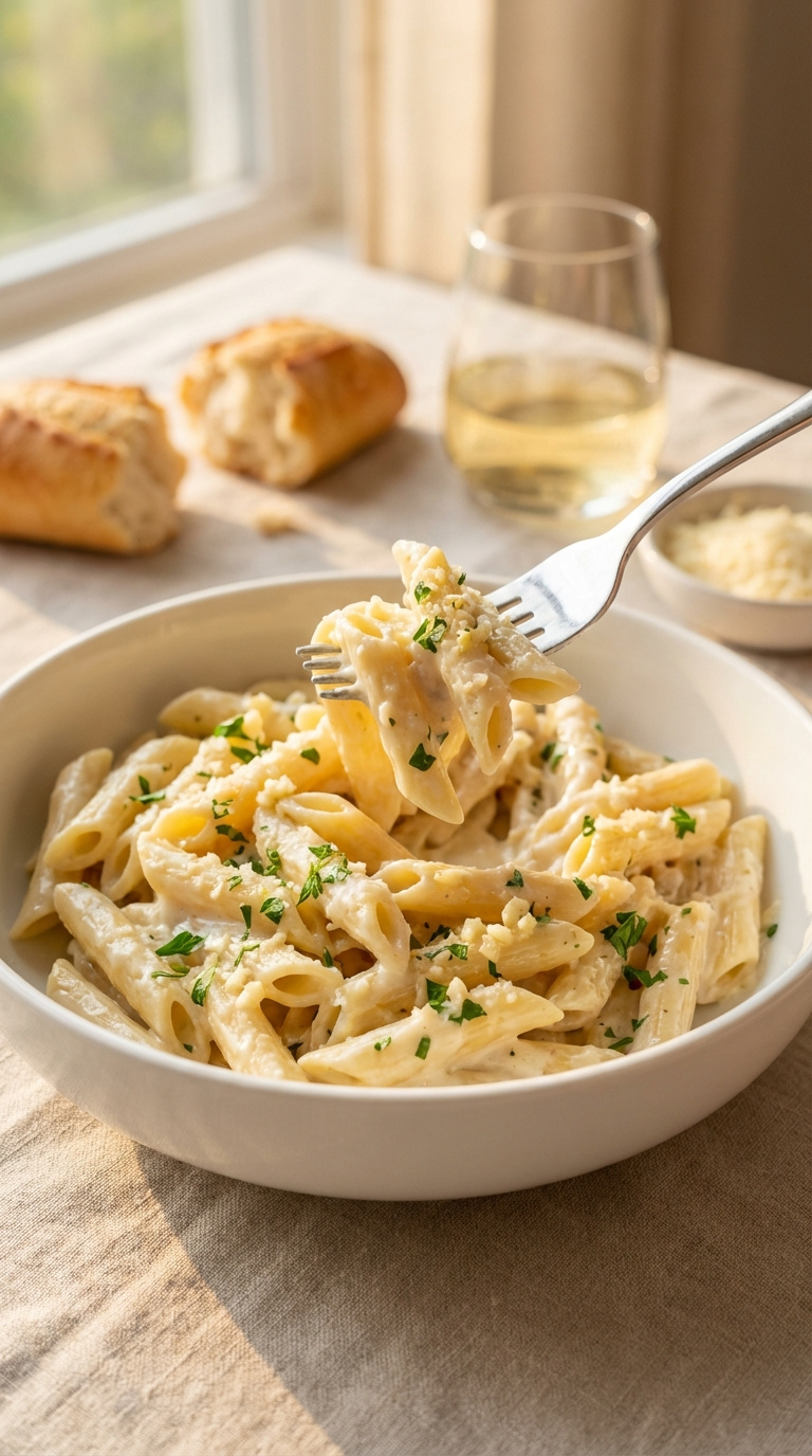 Fork Twirling Creamy Garlic Pasta With Penne Pasta In White Sauce, Fresh Parsley, And Minced Garlic In Minimalist White Ceramic Bowl.