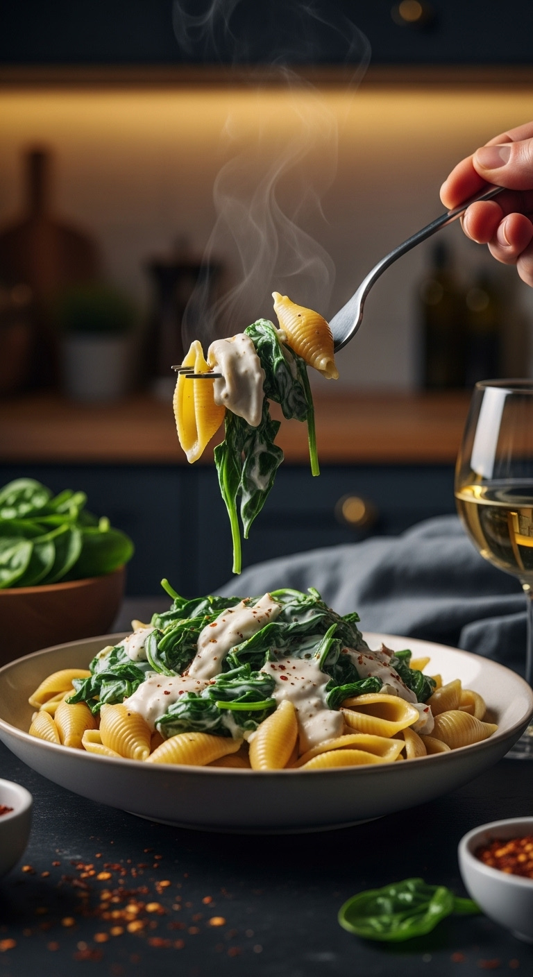 Fork Twirling Creamy Spinach Shell Pasta With Rich White Sauce And Vibrant Spinach Over A Bowl On A Dark Tabletop With Wine