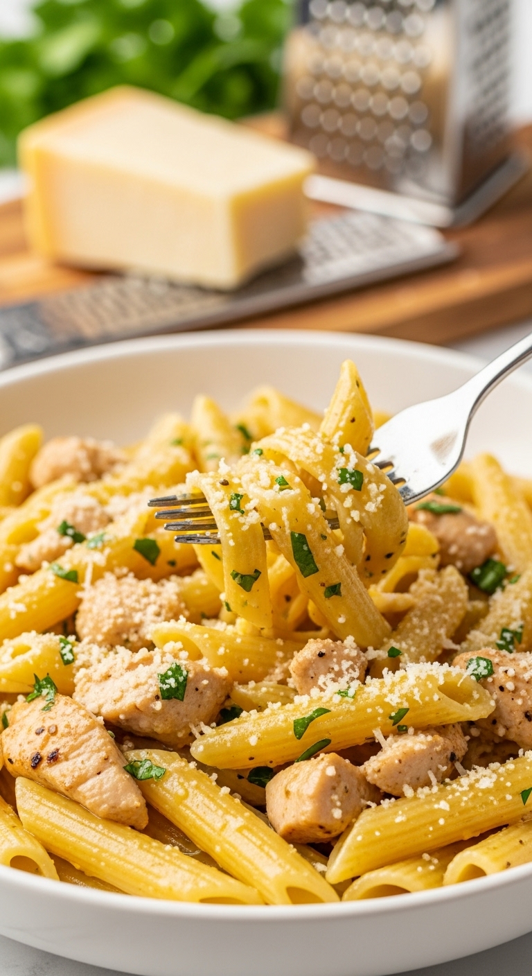 Fork Twirling Garlic Butter Chicken Pasta With Glossy Sauce Chicken And Parsley