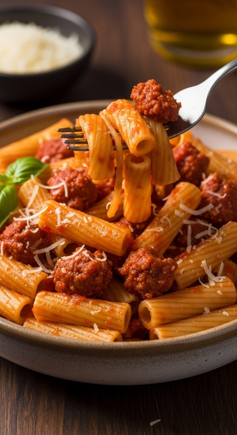 Fork Twirling Rigatoni Pasta Coated In Rich Tomato Sauce With Savory Italian Sausage Chunks.