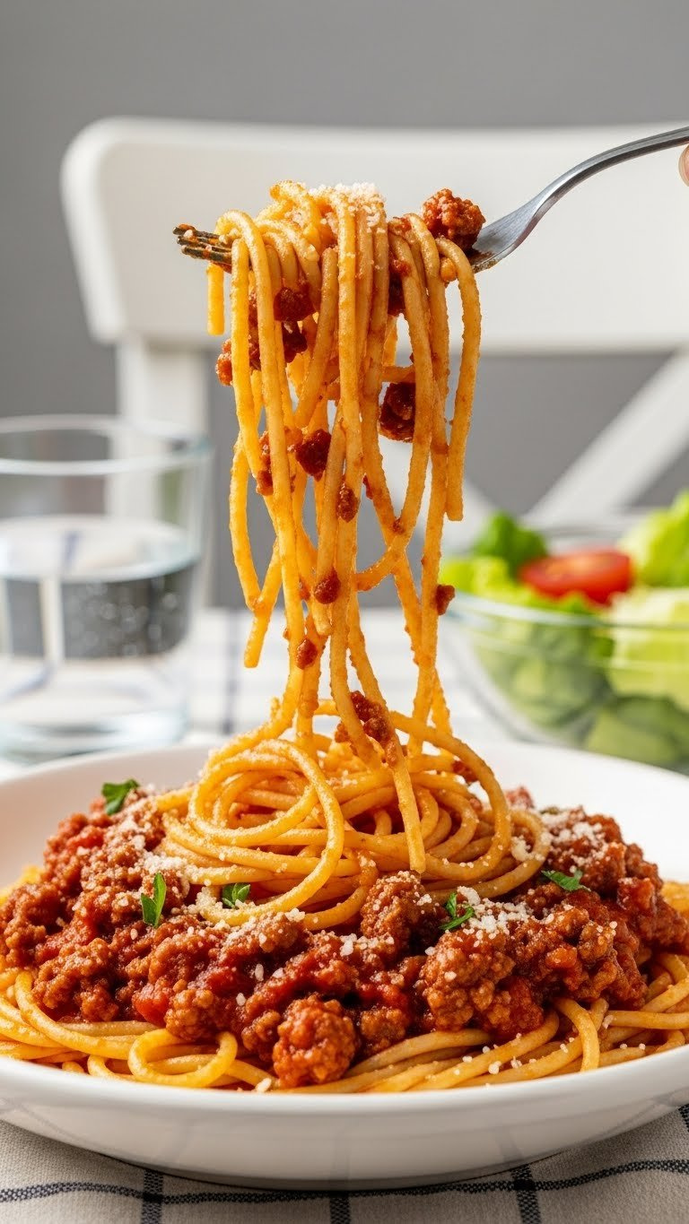 Fork Twirling Spaghetti Coated In Rich Meat Sauce With Parmesan Cheese Lifted From Bowl On Checkered Tablecloth