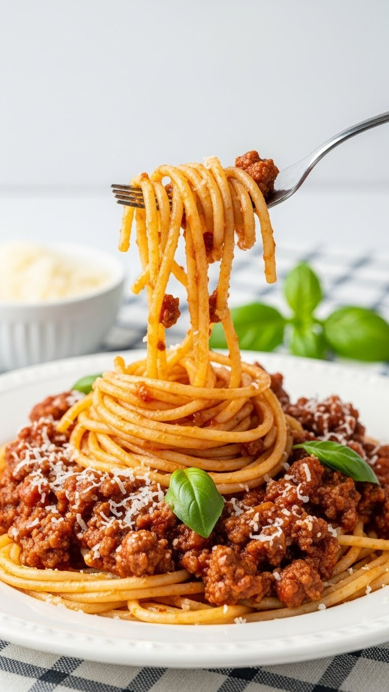 Fork Twirling Spaghetti With Rich Meat Sauce On Checkered Tablecloth With Parmesan And Basil