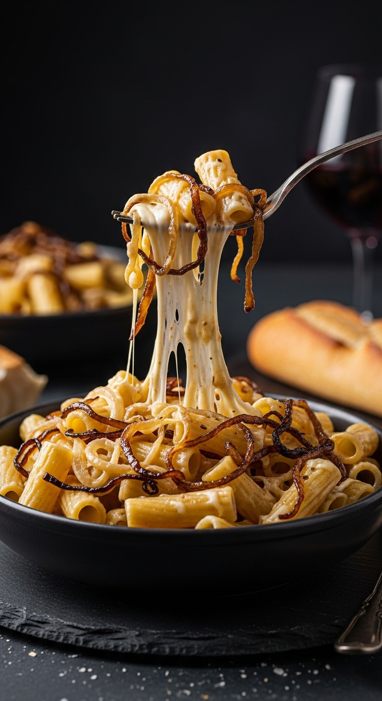 Forkful Of French Onion Rigatoni Pasta With Caramelized Onions And Melted Gruyère Cheese In A Rustic Bowl With Baguette And Wine