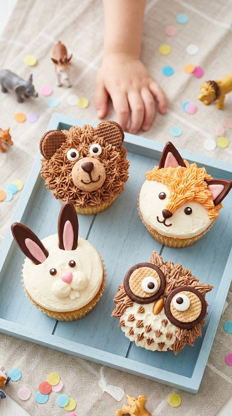 Four Adorable Animal Face Cupcakes Decorated As Bear, Fox, Bunny, And Owl With Piped Buttercream And Candy Eyes