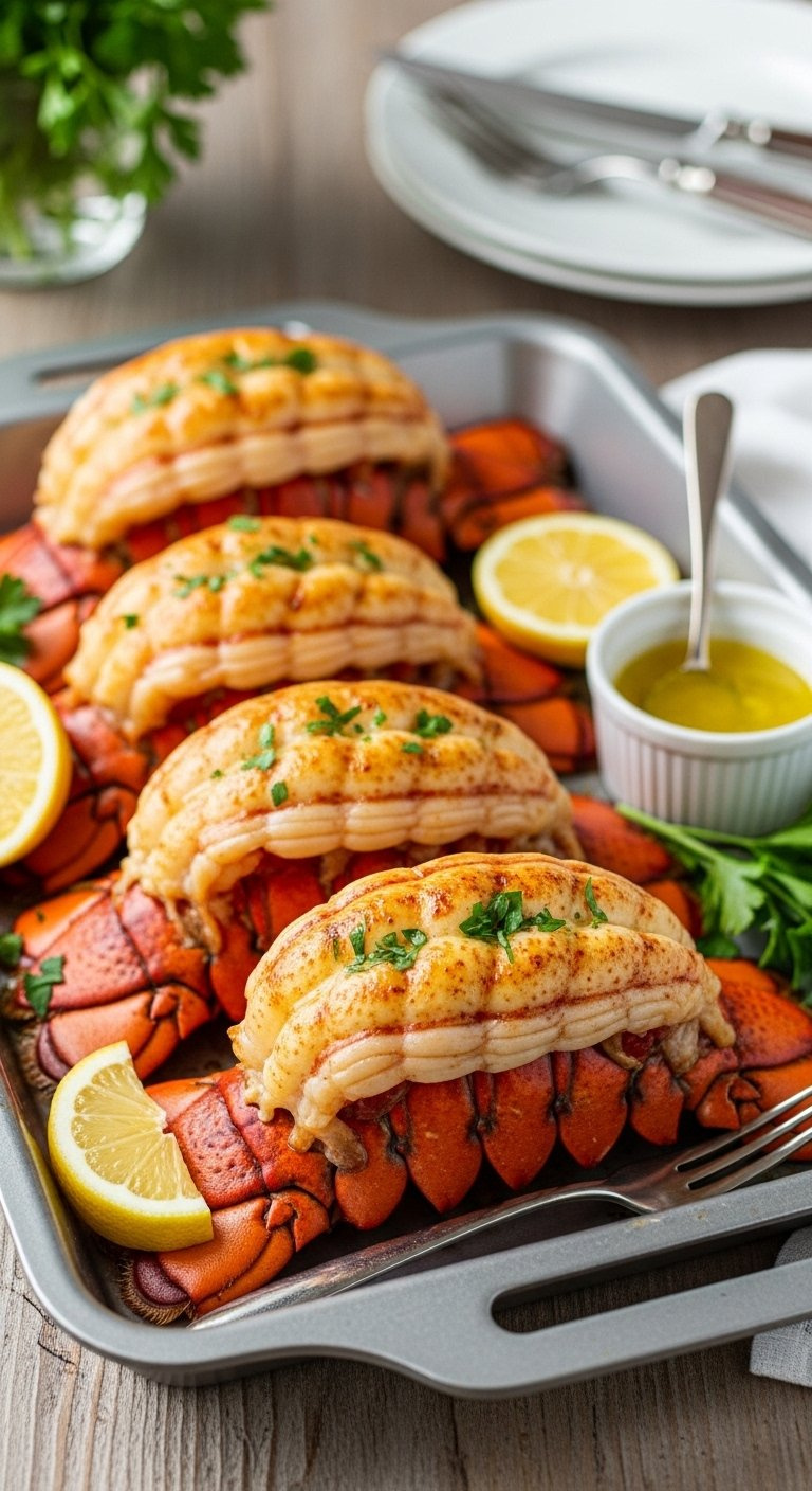 Four Baked Lobster Tails With Golden Brown Crust And Fresh Parsley Lemon Wedges Served On A Rustic Wooden Table.